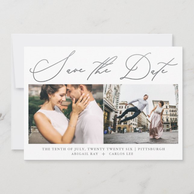 Simple Script Faux Silver Two Photo Modern Save The Date (Front)