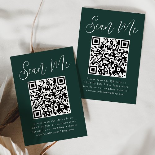 Simple Script Forest Green QR Code Wedding RSVP Enclosure Card
