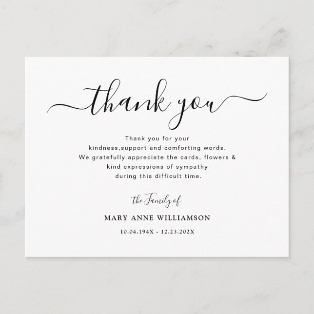 Simple Script Funeral Thank You Note Card (Front)
