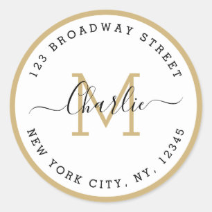 Simple script gold border monogram return address classic round sticker