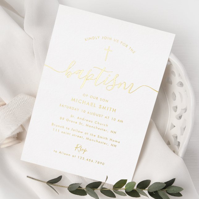 simple script gold cross baptism foil invitation (Creator Uploaded)