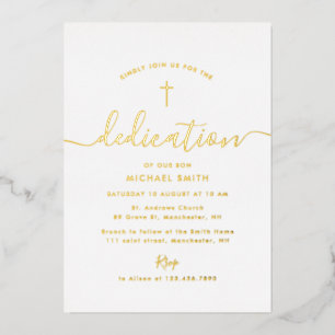 simple script gold cross dedication foil invitation