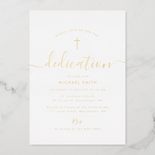 simple script gold cross dedication foil invitation
