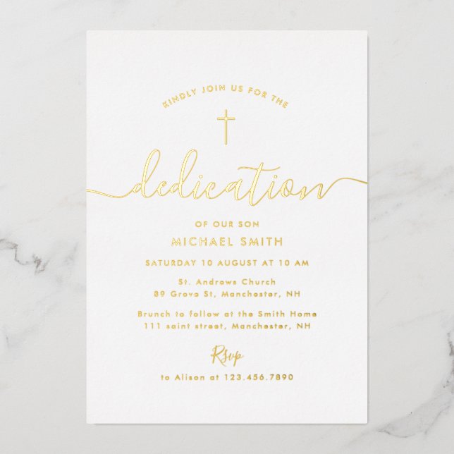 simple script gold cross dedication foil invitation (Front)