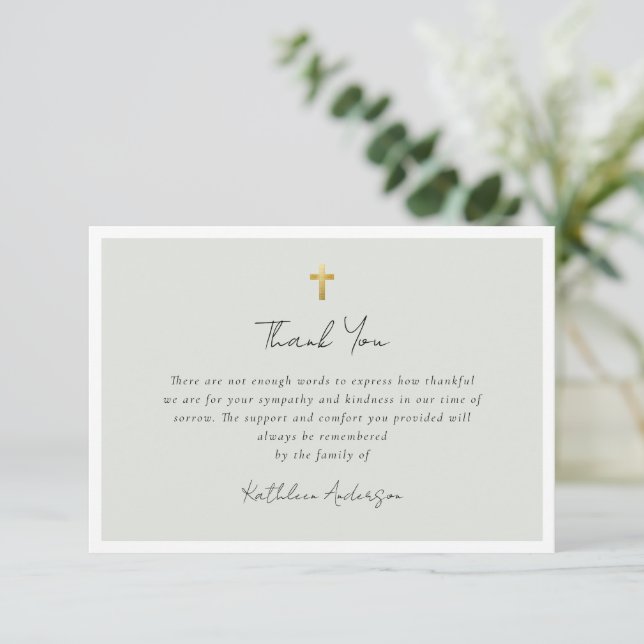 Simple Script Gold Cross Sympathy Funeral  Thank You Card (Standing Front)