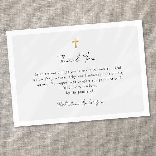 Simple Script Gold Cross Sympathy Funeral  Thank You Card