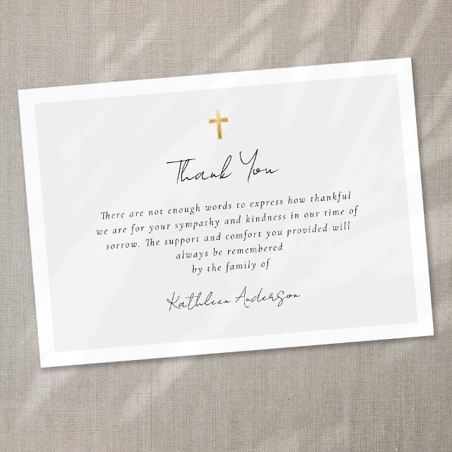 Simple Script Gold Cross Sympathy Funeral  Thank You Card (Creator Uploaded)