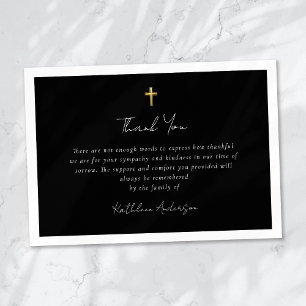 Simple Script Gold Cross Sympathy Funeral Thank You Card