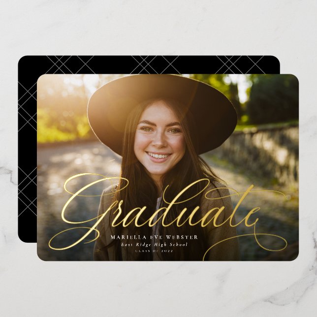 Simple script gold graduate horizontal graduation foil invitation (Front/Back)