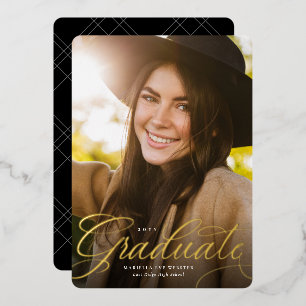 Simple script gold graduate vertical graduation foil invitation