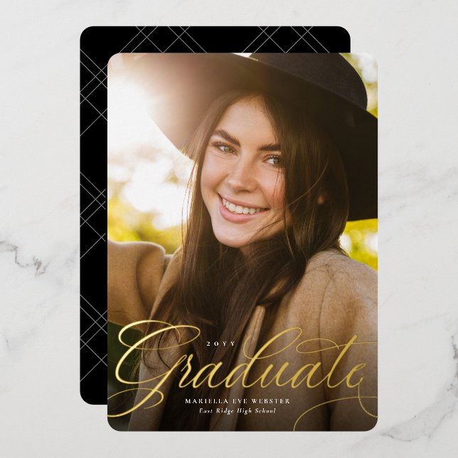 Simple script gold graduate vertical graduation foil invitation (Front/Back)