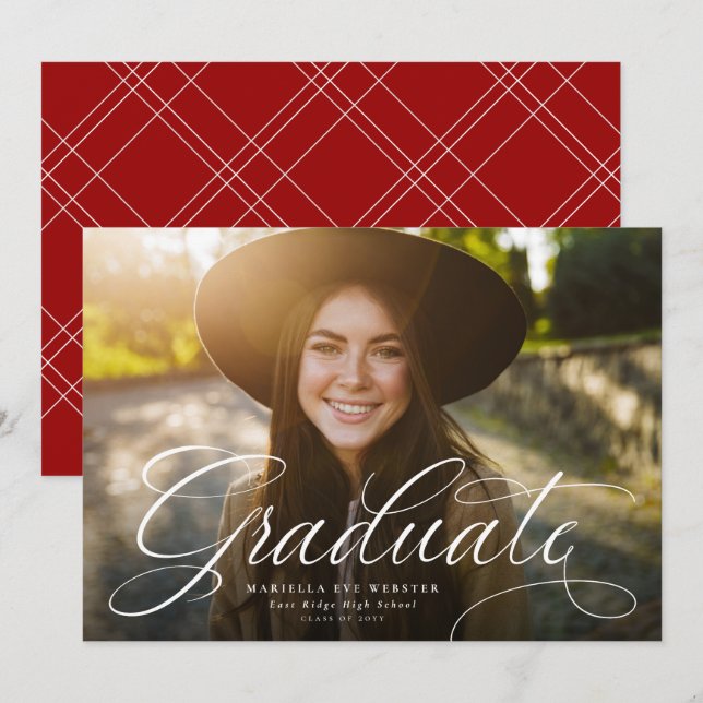 Simple script graduate elegant red graduation announcement (Front/Back)