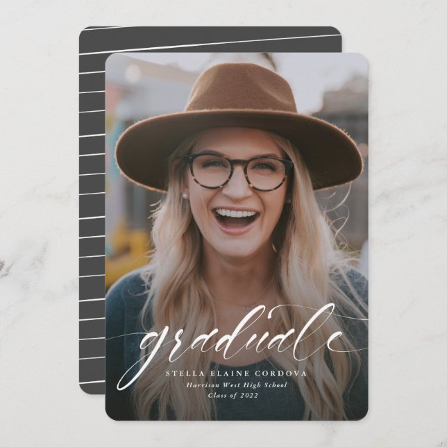 Simple script graduate one-photo gray announcement (Front/Back)
