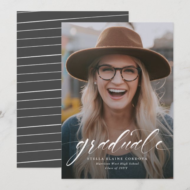 Simple script graduate one-photo gray announcement (Front/Back)
