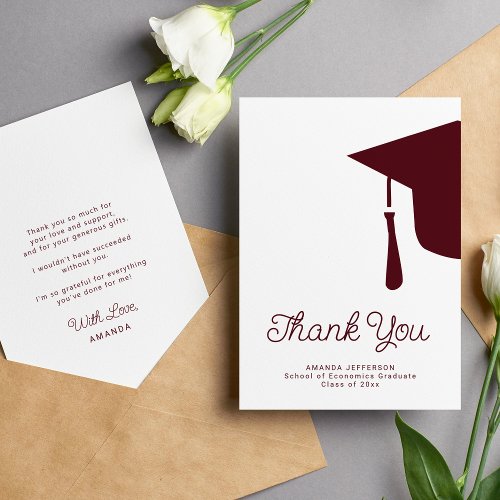 Simple script graduation cap personalized thank you card