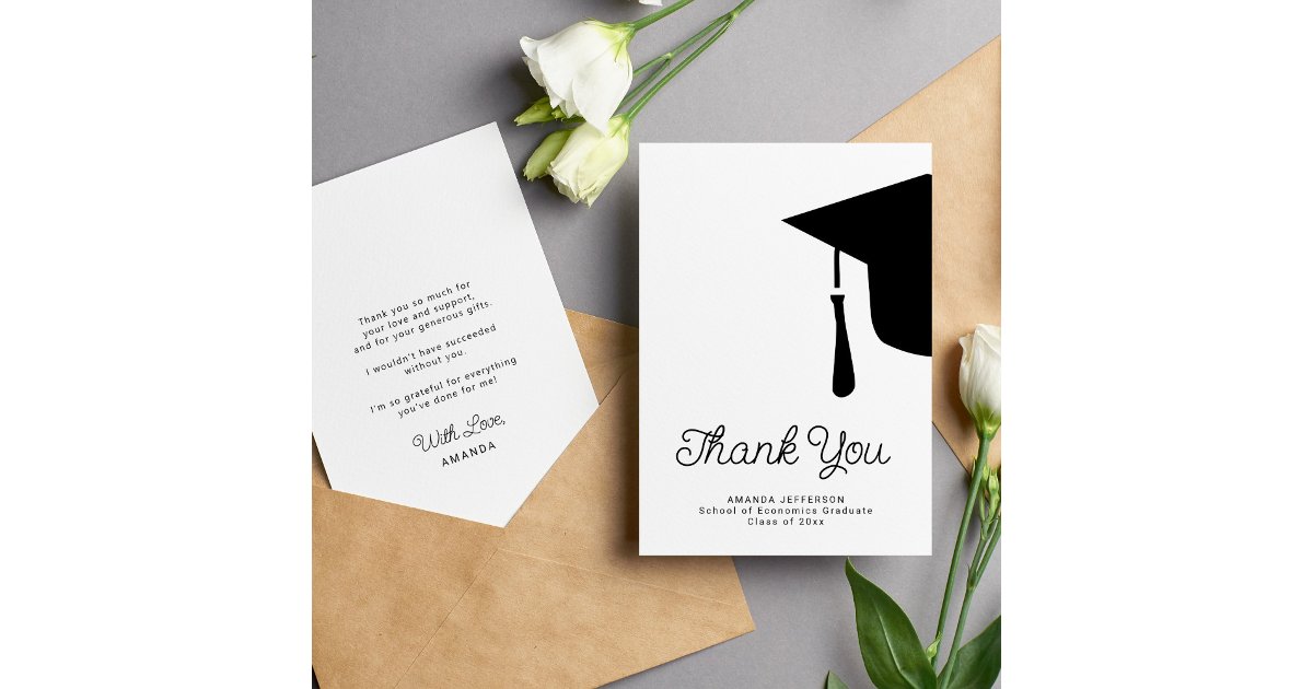 Simple script graduation cap personalized thank you card | Zazzle