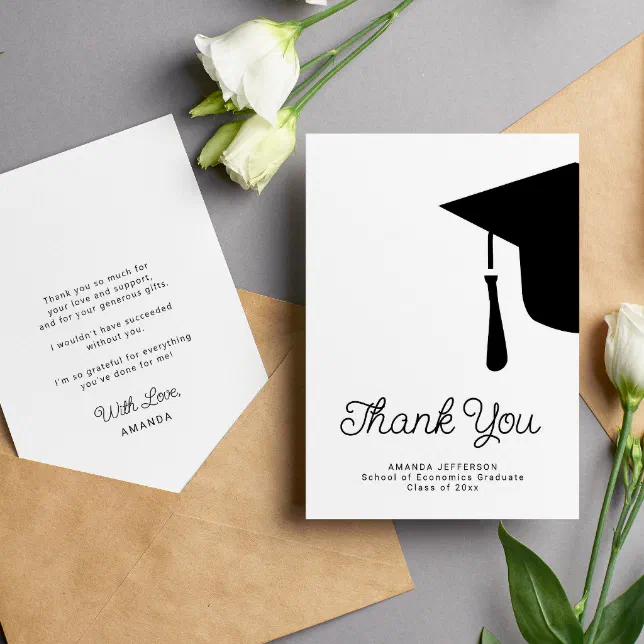 Simple script graduation cap personalized thank you card | Zazzle