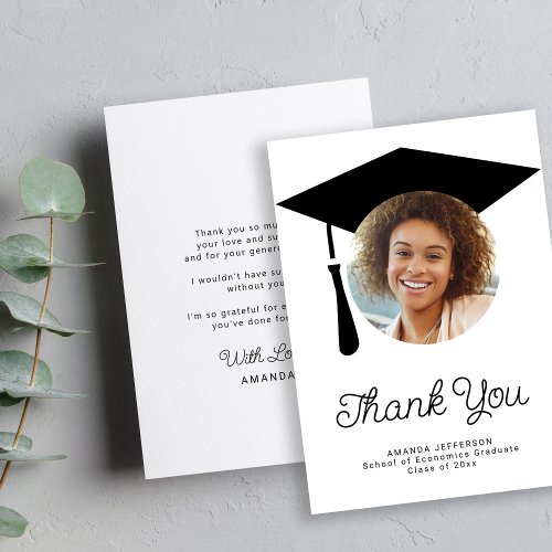 Simple script graduation cap PHOTO personalized Thank You Card
