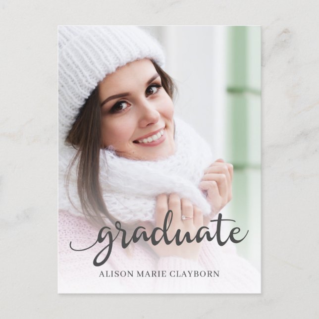 Simple Script Graduation Graduate Photo Announcement Postcard (Front)