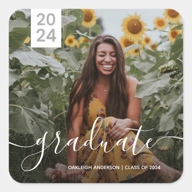 Simple Script Graduation Photo Square Sticker (Front)