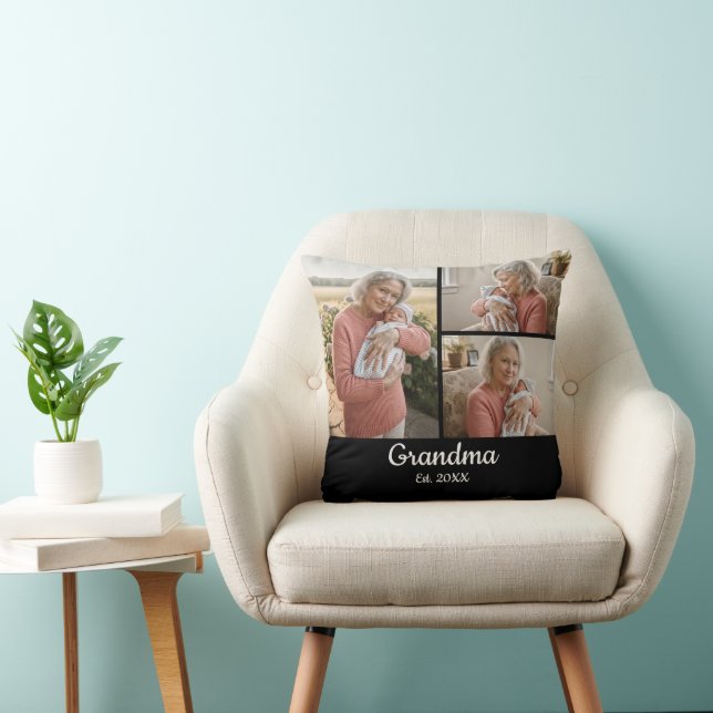 Simple Script Grandma Est. 3 Photo Year Black Throw Pillow (Chair)