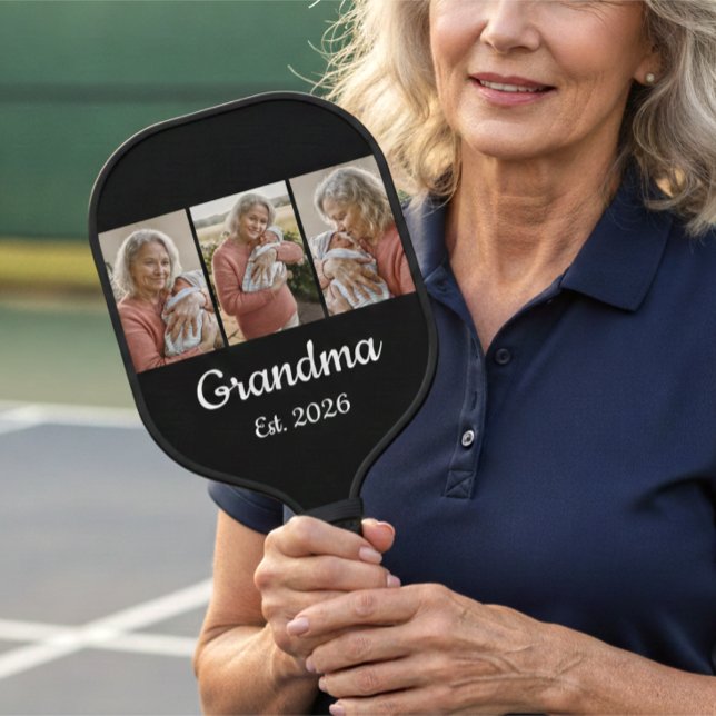 Simple Script Grandma Est. 3 Photo Year Pickleball Paddle (Creator Uploaded)