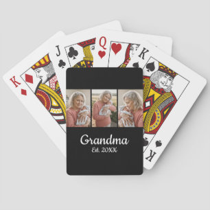 Simple Script Grandma Est. 3 Photo Year Poker Cards