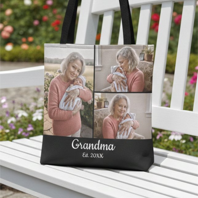 Simple Script Grandma Est. 3 Photo Year Tote Bag (Creator Uploaded)