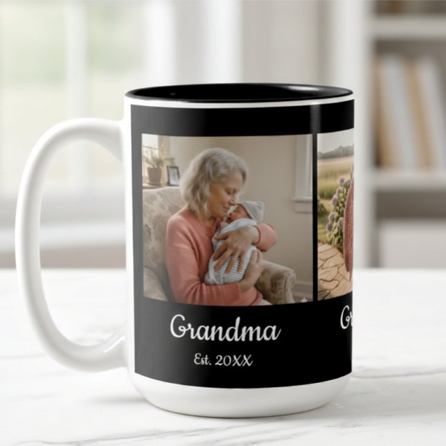 Simple Script Grandma Est. 3 Photo Year Two-Tone Coffee Mug (Creator Uploaded)