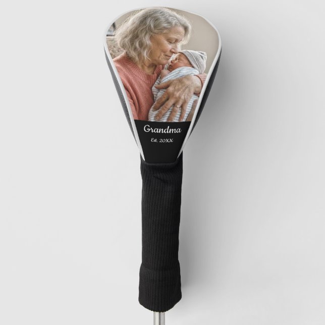 Simple Script Grandma Est.Photo Year Black Golf Head Cover (Front)