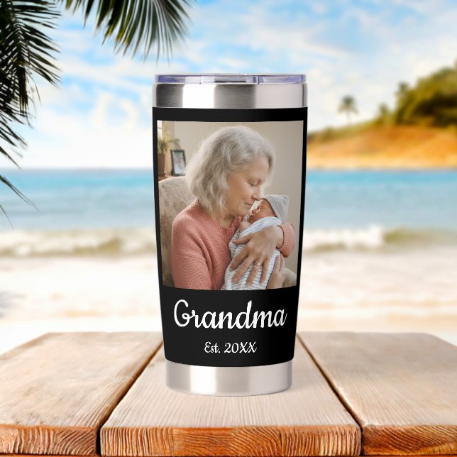 Simple Script Grandma Est.Photo Year Black Insulated Tumbler (Beach (Rotated))