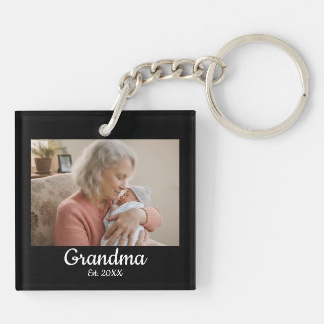 Simple Script Grandma Est.Photo Year Black Keychain (Back)