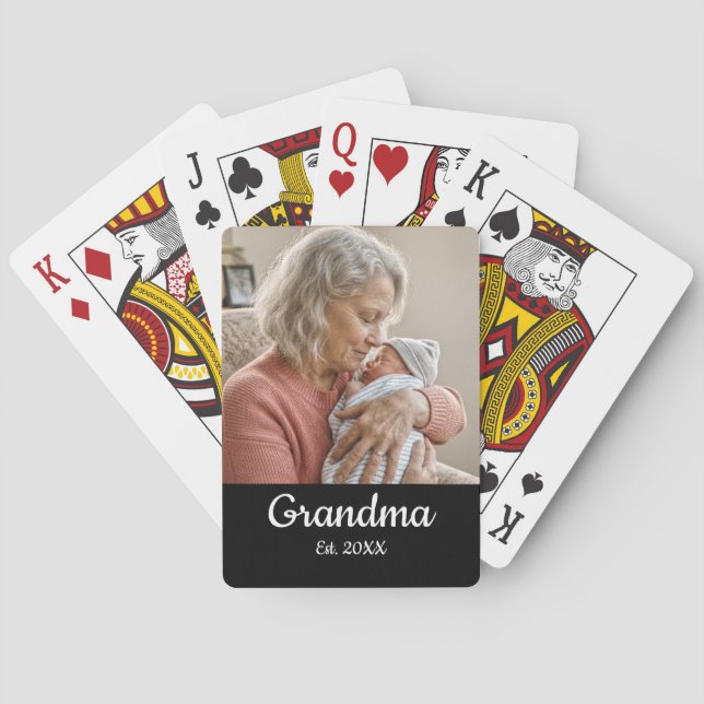 Simple Script Grandma Est.Photo Year Black Poker Cards (Back)