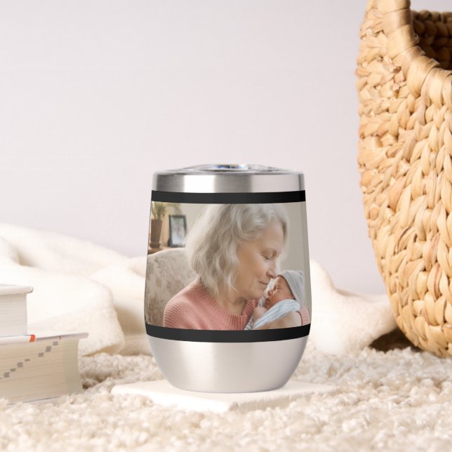 Simple Script Grandma Est.Photo Year Black Thermal Wine Tumbler (Living Room (Rotated))