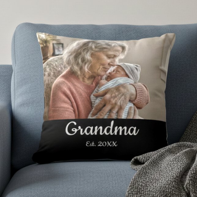 Simple Script Grandma Est.Photo Year Black Throw Pillow (Creator Uploaded)