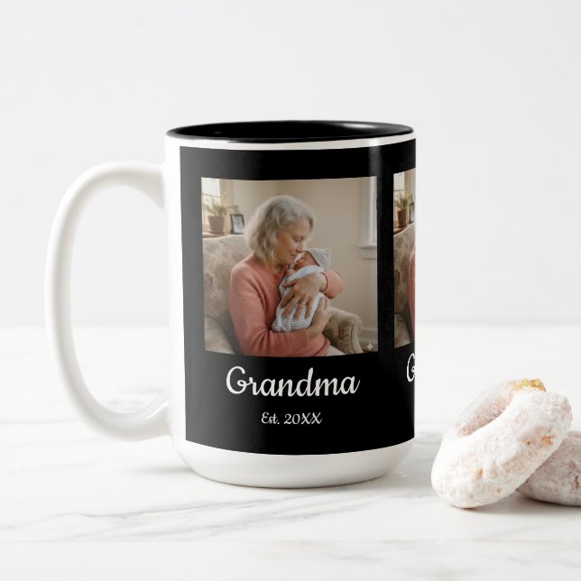 Simple Script Grandma Est.Photo Year Black Two-Tone Coffee Mug (With Donut)
