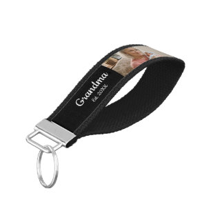 Simple Script Grandma Year Est. 3 Photo Wrist Keychain