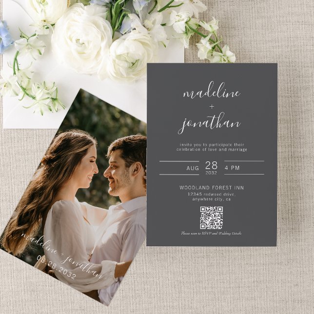 Simple Script Gray Photo QR Code Rsvp Wedding  Invitation (Creator Uploaded)