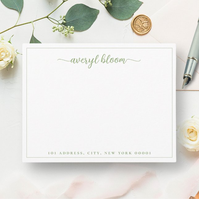 Simple Script Green Border Personalized Stationery Note Card (Creator Uploaded)