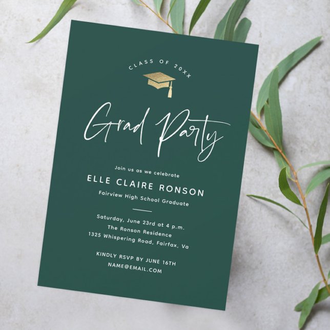 Simple Script Green Graduation Party Invitation (Modern script green and gold graduation party invitation.)