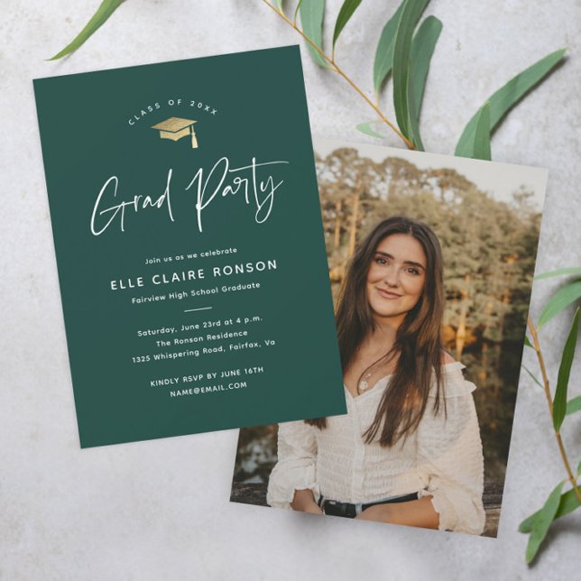 Simple Script Green Photo Graduation Party Invitation (Modern script green and gold photo graduation party invitation.)