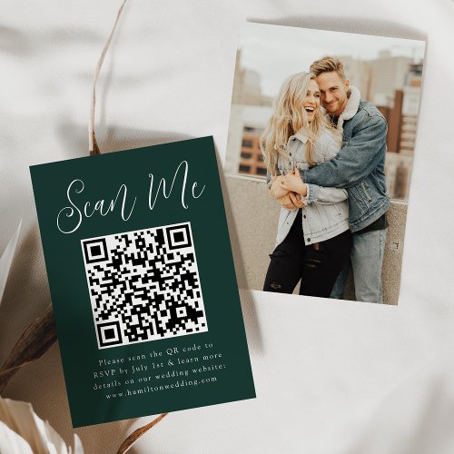 Simple Script Green Photo QR Code Wedding RSVP Enclosure Card