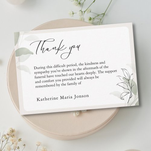Simple Script Greenery Sympathy Funeral   Thank You Card