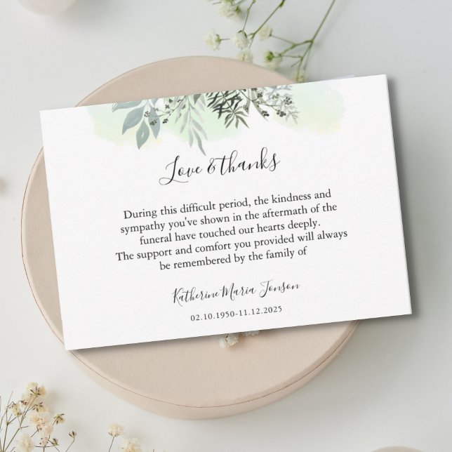 Simple Script Greenery Sympathy Funeral   Thank You Card (Creator Uploaded)