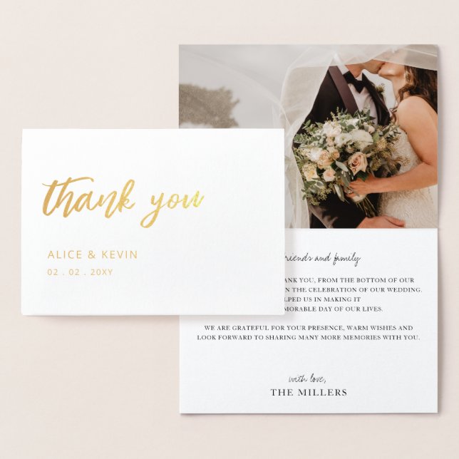 Simple Script Handwritten Photo Wedding Thank You  Foil Card (Display)