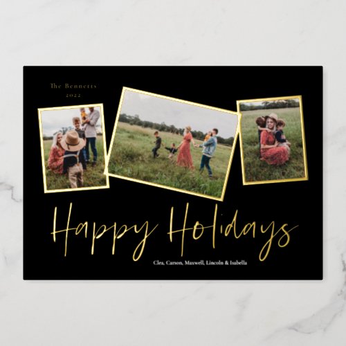 Simple Script Happy Holidays 3 Photo Collage Gold Foil Holiday Card