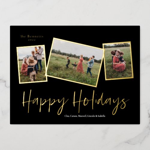 Simple Script Happy Holidays 3 Photo Collage Gold  Foil Holiday Postcard
