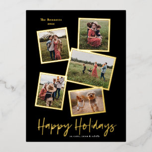 Simple Script Happy Holidays 3 Photo Collage Gold Foil Holiday Postcard