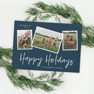 Simple Script Happy Holidays 3 Photo Collage Holiday Card