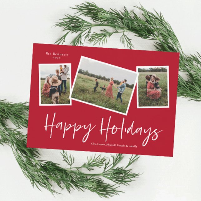 Simple Script Happy Holidays 3 Photo Collage Holiday Card (Creator Uploaded)